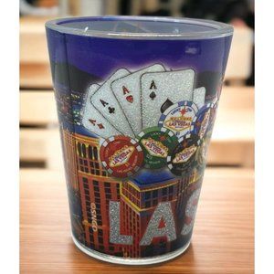 Las Vegas NV Shot Glass Gambling Casino Poker Blackjack Chips Playing Cards